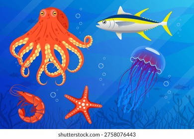 Vibrant underwater scene featuring diverse marine life in a blue ocean setting vector illustration