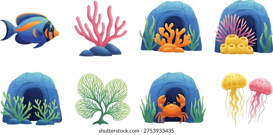A vibrant underwater scene featuring fish, coral, seaweed, and ocean creatures in various blue caves and seaweed environments.