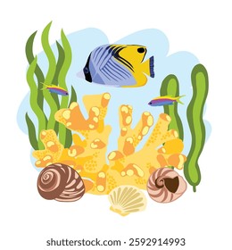 A vibrant underwater scene featuring a regal angelfish (Pygoplites diacanthus) swimming among coral reefs, seaweed, and seashells. This vector illustration captures the beauty of tropical marine life.