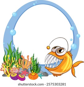 Vibrant underwater scene featuring a smiling anglerfish