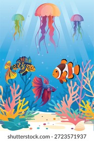 Ilustração vibrante de vetor subaquático com peixes coloridos, águas-vivas e recifes de corais, perfeito para livros infantis, cartazes, sites, materiais educativos e projetos de marca marinha divertidos em todo o mundo.
