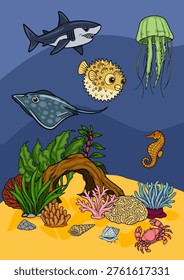 Vibrant underwater vector poster featuring diverse marine life, coral, and seabed elements