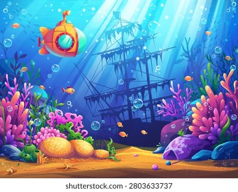 Vibrant underwater vector scene of a yellow submarine exploring a colorful coral reef and shadowy shipwreck. Tropical fish, bubbles, sunbeams and sea plants create lively ocean depth.