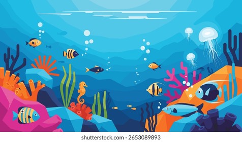 Mundo Subaquático Vibrante Repleto De Recifes De Coral De Peixes Coloridos E Misteriosas Águas-Vivas Em Uma Bela Paisagem Oceânica