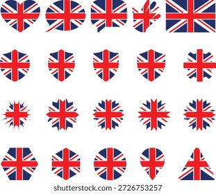 Vibrant Union Jack Icon Collection in Creative Shapes, conjunto de bandeiras do Reino Unido