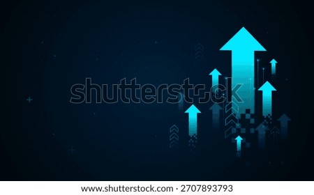 A vibrant upward arrow shines against a tech-inspired background, illustrating accelerated financial growth. The digital patterns highlight efficiency, finance growing up concepts