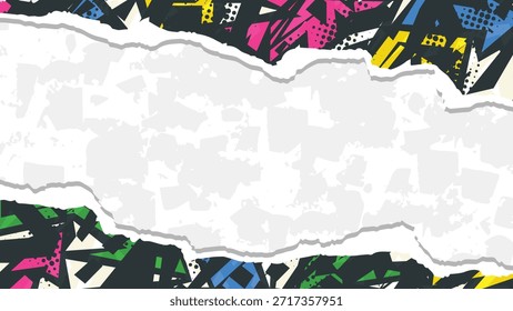 Vibrant urban graffiti background featuring colorful abstract geometric shapes and halftone patterns. A realistic torn paper effect provides a central white space for custom text. Ideal for posters, social media, and streetwear designs.
