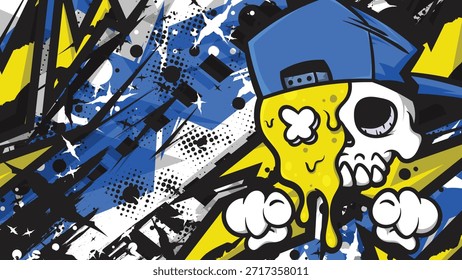 Vibrante fundo de vetor de grafite urbano com uma garra monstro segurando uma lata de spray e mascotes alados. Excelente para roupas de rua, pôsteres e decoração de jogos.