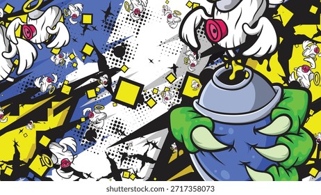 Vibrante fondo de Vector de graffiti urbano con una lata de spray sostenida por una garra y surrealistas mascotas aladas. Perfecto para ropa de calle, carteles y diseños creativos.