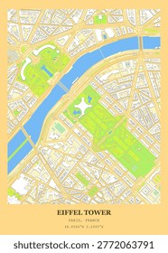Vibrant urban map and architectural layout of the Eiffel Tower and Champ de Mars in Paris, France.