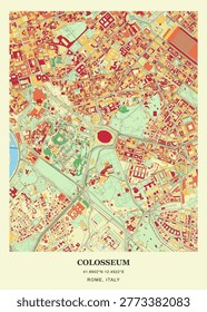 Vibrant urban map and architectural layout of the Colosseum and Ancient Rome district in Rome, Italy.