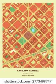 Vibrant urban map and architectural layout of the Sagrada Família and the Eixample district in Barcelona, Spain.