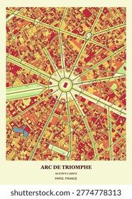 Vibrant urban map and architectural layout of the Arc de Triomphe and the Place Charles de Gaulle in Paris, France.