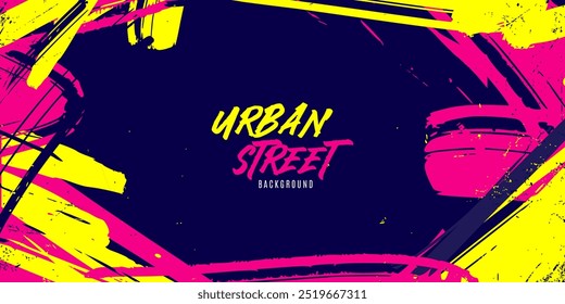 Vibrant Urban Street Background with Neon Yellow and Pink Paint Splashes in a Graffiti Style. Abstract Sporty Background with Brush Strokes and Grunge Texture Design Elements