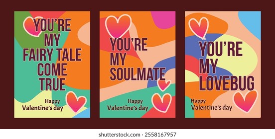 Vibrant Valentine Cards Featuring Red Hearts and Modern Ar. A set of Valentine’s Day greeting card with sample text, red hearts and abstract backgrounds templates vector illustration. 