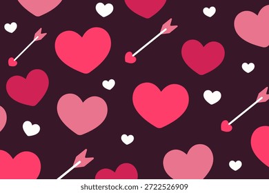 Patrón vibrante de San Valentín con corazones y flechas de cupido esparcidos sobre un fondo púrpura-rosa oscuro. Perfecto para una decoración de fiesta llamativa, estampados modernos de San Valentín y diseños festivos de amor.