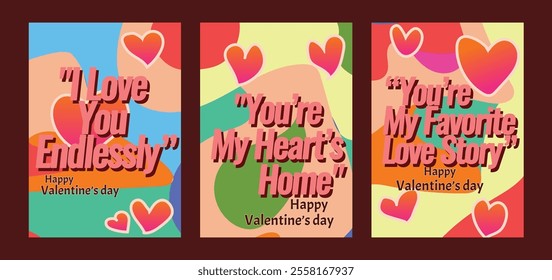 Vibrant Valentine Templates Featuring Soft Pastel Art and Hearts. A set of Valentine’s Day greeting card with sample text, red hearts and abstract backgrounds templates vector illustration. 