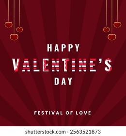 A vibrant Valentine's Day card featuring a bold "Happy Valentine's Day" message with a striped design in red and white