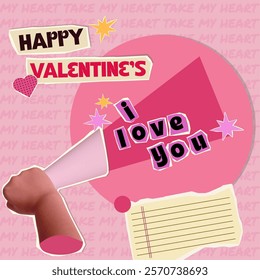 Vibrant Valentine's Day collage depicting a hand with a megaphone proclaiming love, accented with playful stars and text.