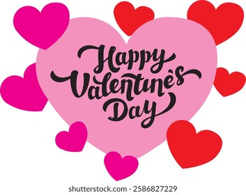 A vibrant Valentine's Day greeting card with a pink heart, elegant black script text, and red and pink paper-style hearts surrounding it.A perfect romantic design for love notes, cards, and decoration