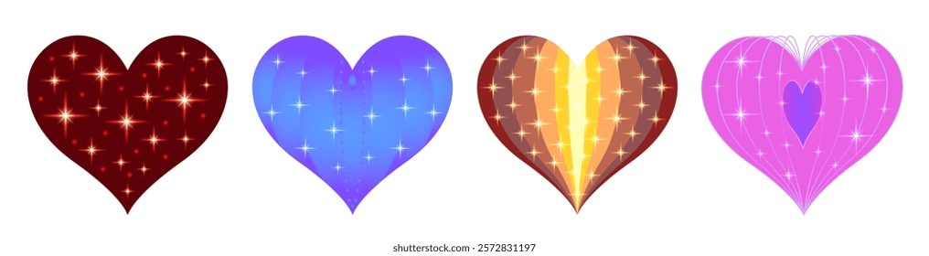 A vibrant Valentine's Day illustration featuring a set of sparkling,colorful hearts.Perfect for romantic designs, greeting cards, wedding decor, and love-themed projects to celebrate affection and joy