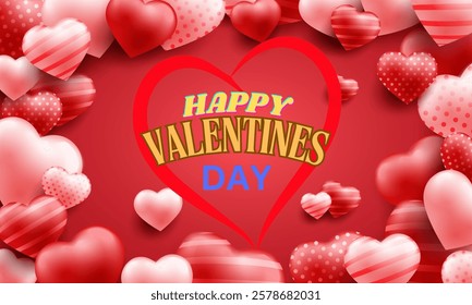 A vibrant Valentine's Day illustration featuring a lively pattern of pink and red hearts, and the cheerful words 'Happy Valentine's Day' in the center to convey love and affection.