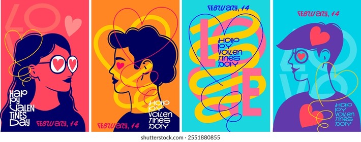 A vibrant Valentine's Day poster set featuring heart-themed designs, line art, and bold colors, celebrating love and creativity with modern aesthetics.