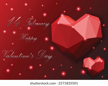  A vibrant Valentine's Day-themed image featuring polygonal red hearts resembling gemstones against a dark red background with elegant silver text reading "14 February Happy Valentine's Day