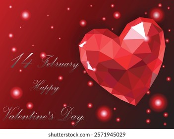  A vibrant Valentine's Day-themed image featuring polygonal red hearts resembling gemstones against a dark red background.  with elegant silver text reading "14 February Happy Valentine's Day