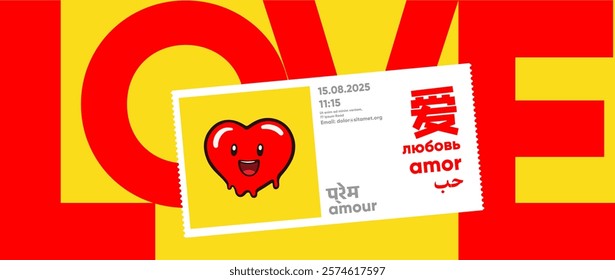 Vibrant Valentine's design with a cartoon heart stamp, bold red and yellow tones, and multilingual "love" text. A playful and energetic celebration poster.