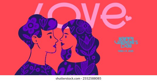 Vibrant Valentine's poster featuring a couple in love with bold floral patterns, a playful "love" typography, and creative elements for Feb 14 celebration.