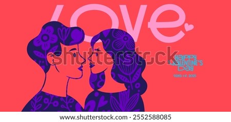 Vibrant Valentine's poster featuring a couple in love with bold floral patterns, a playful 