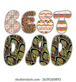 Vibrant vector art blending Juneteenth spirit with a retro Father's Day "Best Dad" message in bold African patterns.