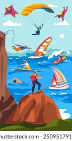 A vibrant vector art compilation showcasing various adventure sports, including windsurfing, surfing, canoeing, skydiving, and wingsuit flying. Great for outdoor and sports themes.