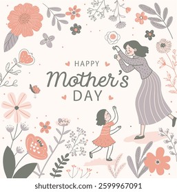 A vibrant vector art design celebrating Mother's Day, featuring blooming flowers, a loving mother with her child, and soft pastel tones, capturing the warmth, love, and appreciation for all mothers.