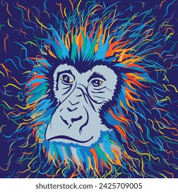 Vibrant vector art of a gorilla's face bursts with color, resembling colorful ribbons. Perfect for walls or screens, it brings wild energy and captivating allure to any space