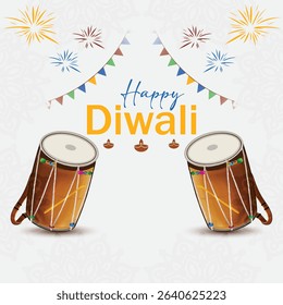 Vibrant vector art Happy Diwali Deepavali celebration. Features traditional Indian drums dholak, tabla, capturing the rich essence of this Hindu festival of lights.