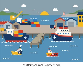 Vibrant vector art showing a commercial shipping harbor with cargo boats, cranes, and warehouses at sunset. Ideal for educational or business graphics.