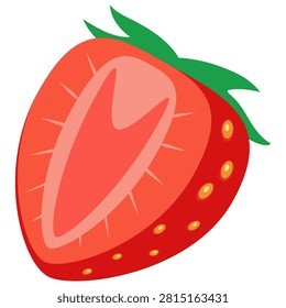 Vibrant vector art of a strawberry sliced in half, revealing its red pulp, green leaves, and yellow seeds.