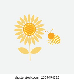 A vibrant vector artwork of a bee collecting honey from a fully bloomed sunflower, showcasing nature's beauty and pollination process in a colorful and detailed illustration.