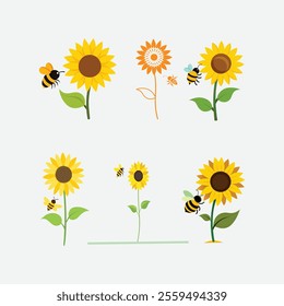 A vibrant vector artwork of a bee collecting honey from a fully bloomed sunflower, showcasing nature's beauty and pollination process in a colorful and detailed illustration.