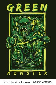 A vibrant vector artwork depicting a green monster with sharp claws, menacing eyes, and intricate details. The creature stands out with its unique design, blending fantasy and horror elements.
