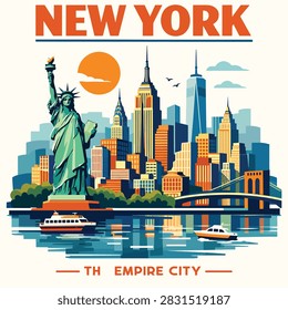 Vibrant vector artwork featuring Statue of Liberty and Empire State Building