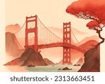 In a vibrant vector artwork, the Golden Gate Bridge comes to life with intricate details, portraying its graceful arcs and towering presence, symbolizing the beauty and allure of San Francisco.