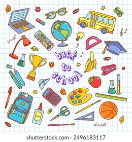Vibrant vector back-to-school illustration with colorful school elements on a grid paper background
