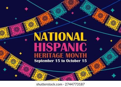 A vibrant vector banner celebrating National Hispanic Heritage Month from September 15 to October 15. The illustration features colorful traditional papel picado banners arranged in a dynamic crisscross composition with bright stars and geometric accents on a dark navy background. Modern flat design ideal for cultural events, social media marketing, and educational displays.
