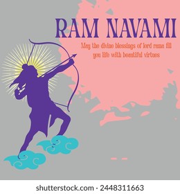 Vibrant vector banner commemorating Ram Navami with intricate designs, Lord Rama's imagery, and festive elements. Ideal for festive promotions.