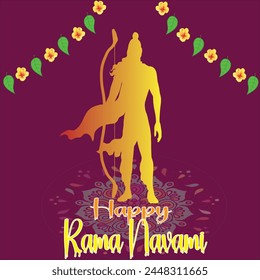 Vibrant vector banner commemorating Ram Navami with intricate designs, Lord Rama's imagery, and festive elements. Ideal for festive promotions.