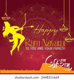 Vibrant vector banner commemorating Ram Navami with intricate designs, Lord Rama's imagery, and festive elements. Ideal for festive promotions.