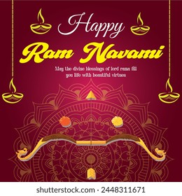 Vibrant vector banner commemorating Ram Navami with intricate designs, Lord Rama's imagery, and festive elements. Ideal for festive promotions.